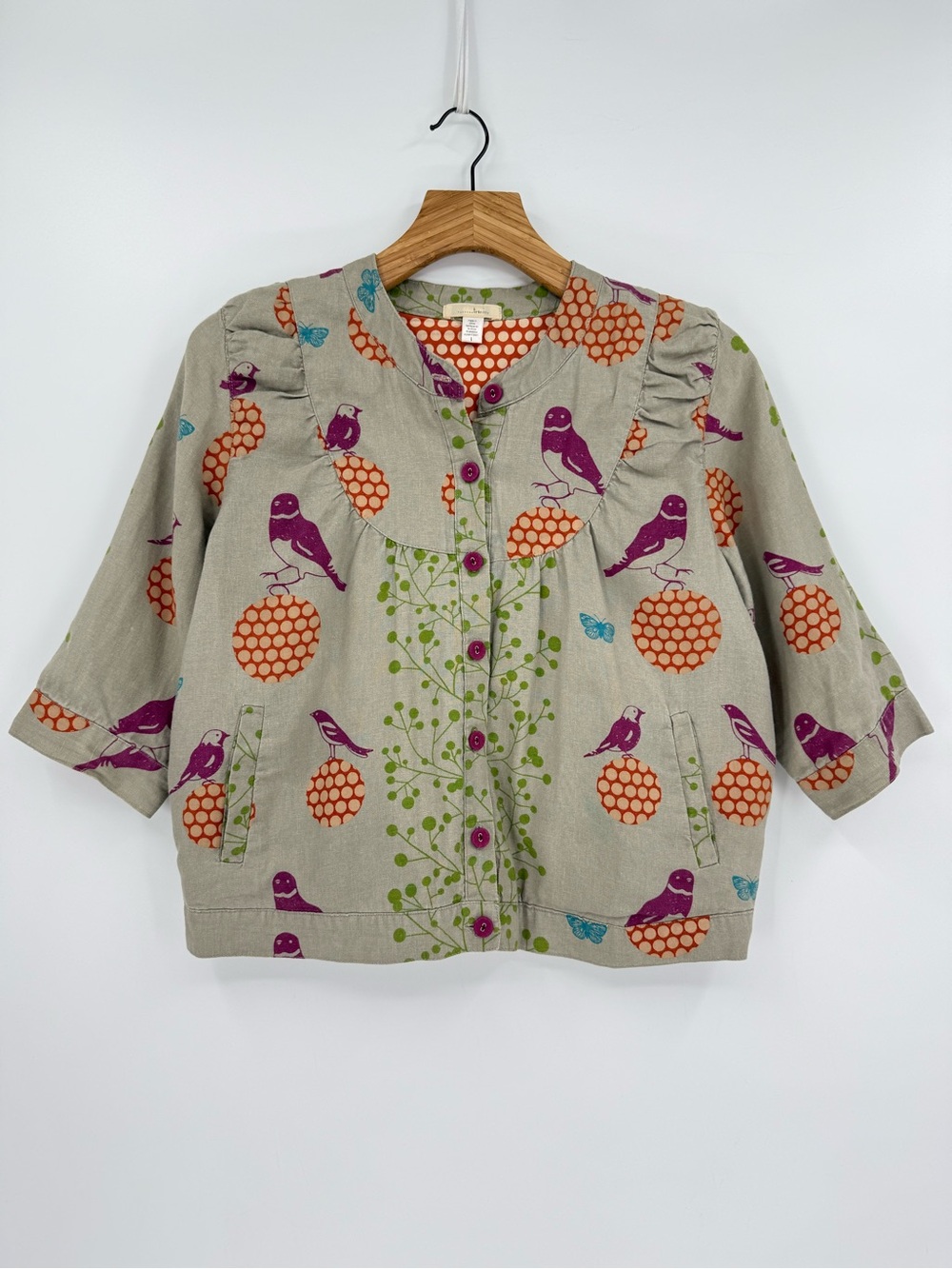 Art to Wear Novelty Bird Butterfly Polka Dot Linen Half Sleeve Button Jacket L